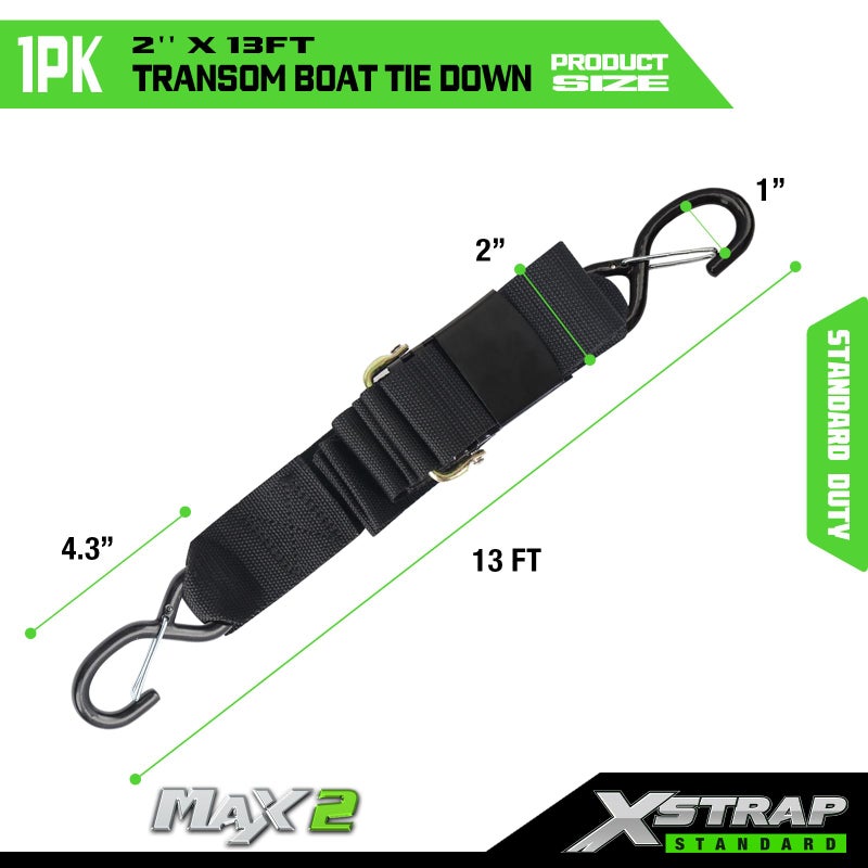 XSTRAP STANDARD 1PK 2''x 13' Gunwale Transom Boat Tie-Down, Marine Boat Trailer Strap with Hooks - Image 3